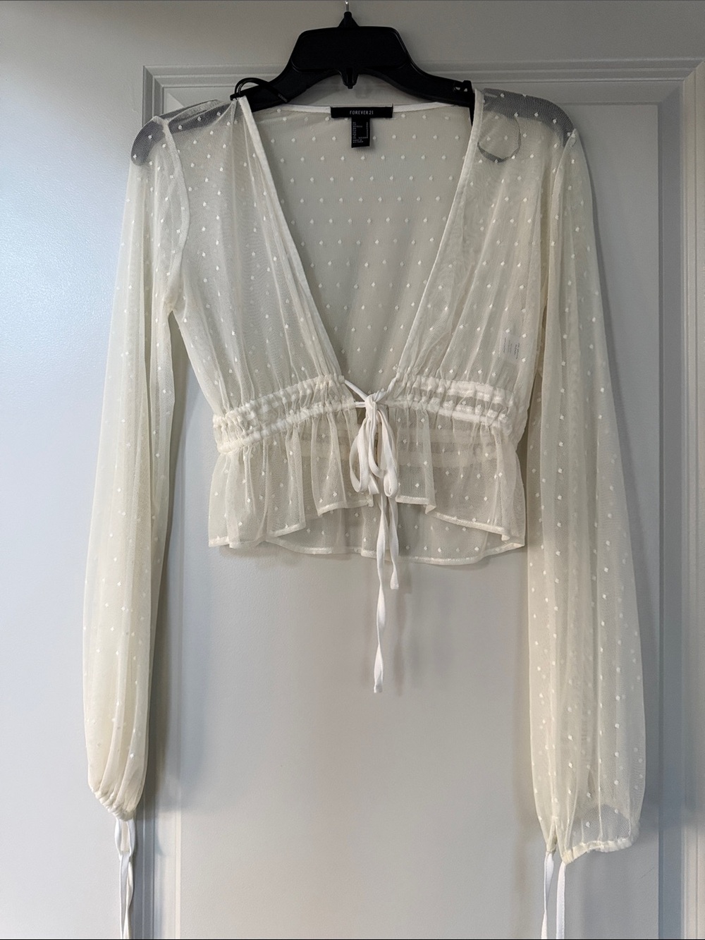 Sheer Swiss Dot Tie-Front Long-Sleeve Top - Cream - S - Vtg Forever 21